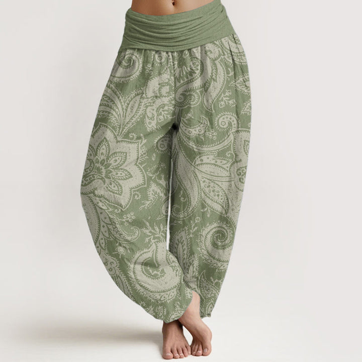Pantalones harén de algodón puro con estampado de cachemira y flores de Buddha Stones para mujer, cintura elástica