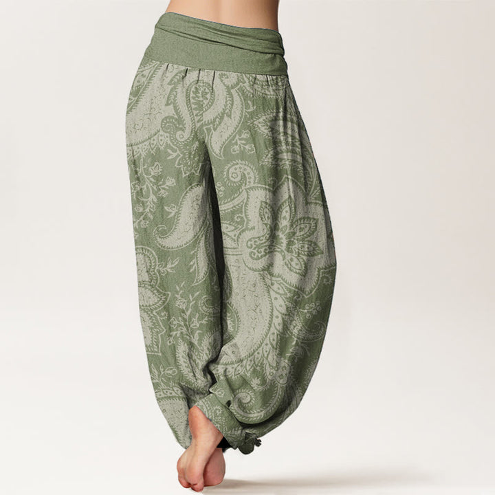 Pantalones harén de algodón puro con estampado de cachemira y flores de Buddha Stones para mujer, cintura elástica