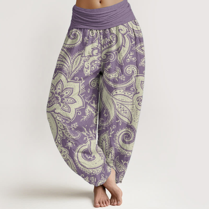 Pantalones harén de algodón puro con estampado de cachemira y flores de Buddha Stones para mujer, cintura elástica