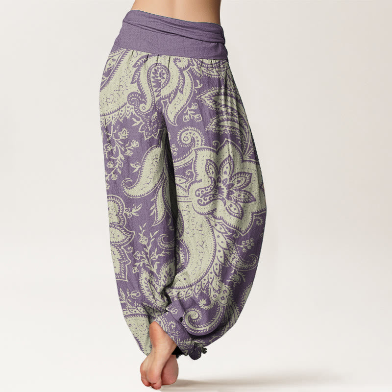 Pantalones harén de algodón puro con estampado de cachemira y flores de Buddha Stones para mujer, cintura elástica