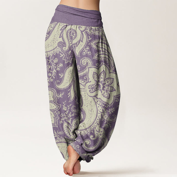 Pantalones harén de algodón puro con estampado de cachemira y flores de Buddha Stones para mujer, cintura elástica