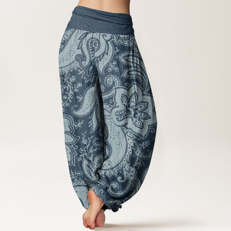 Pantalones harén de algodón puro con estampado de cachemira y flores de Buddha Stones para mujer, cintura elástica