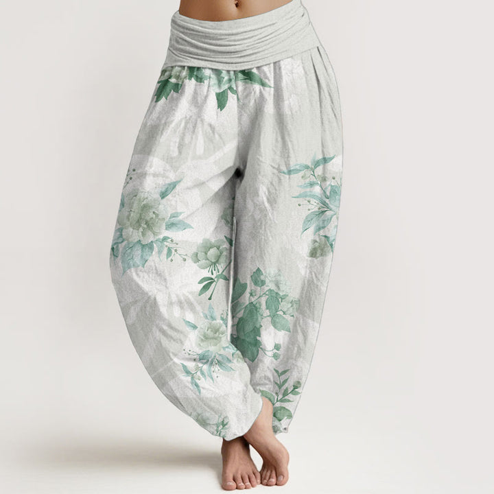 Pantalones harén de cintura elástica para mujer con diseño de flores de algodón puro y hojas blancas de Buddha Stones