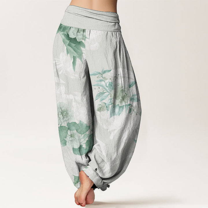 Pantalones harén de cintura elástica para mujer con diseño de flores de algodón puro y hojas blancas de Buddha Stones