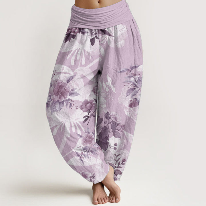 Pantalones harén de cintura elástica para mujer con diseño de flores de algodón puro y hojas blancas de Buddha Stones