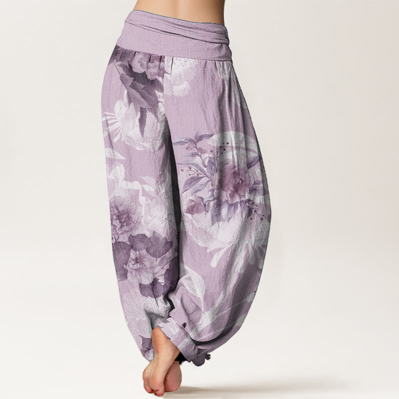 Pantalones harén de cintura elástica para mujer con diseño de flores de algodón puro y hojas blancas de Buddha Stones