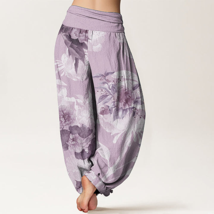 Pantalones harén de cintura elástica para mujer con diseño de flores de algodón puro y hojas blancas de Buddha Stones