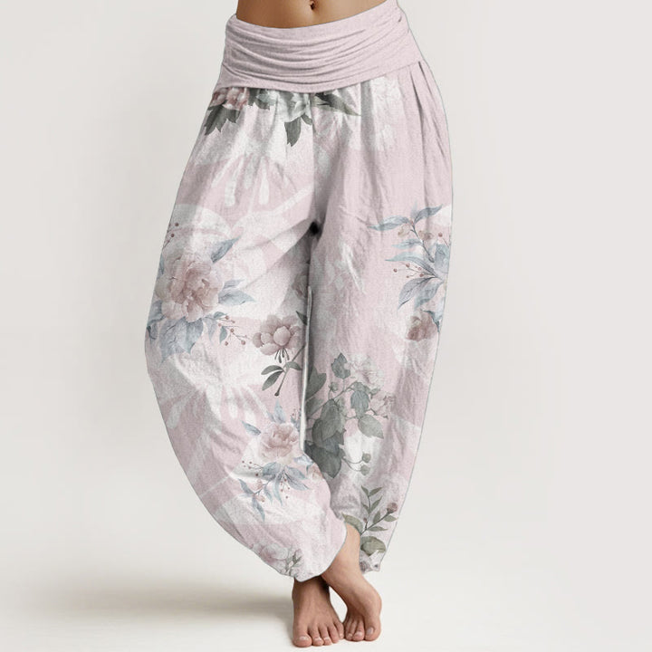 Pantalones harén de cintura elástica para mujer con diseño de flores de algodón puro y hojas blancas de Buddha Stones