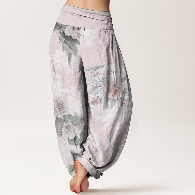 Pantalones harén de cintura elástica para mujer con diseño de flores de algodón puro y hojas blancas de Buddha Stones
