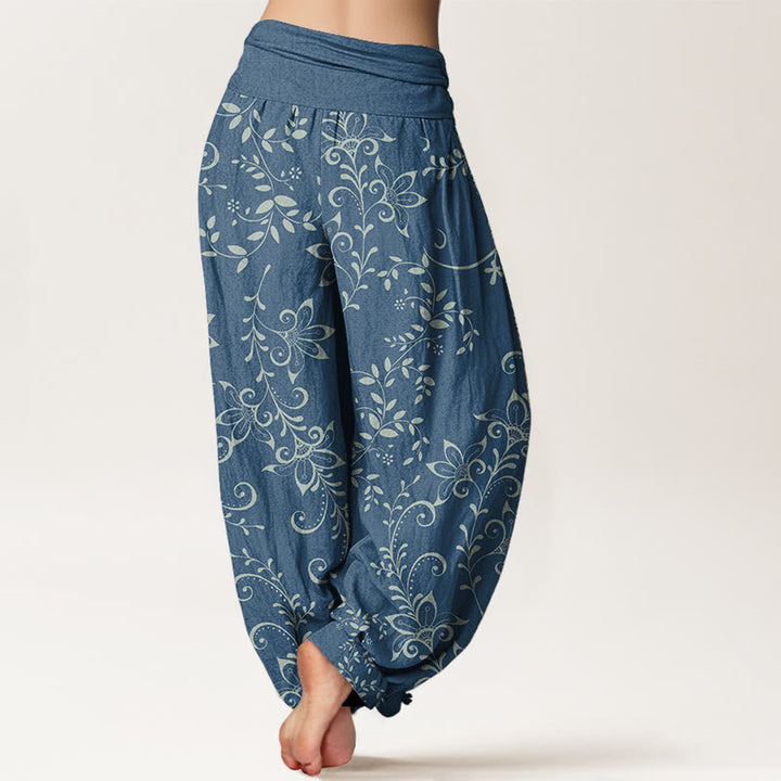 Pantalones Buddha Stones de algodón puro con diseño de flores y enredaderas para mujer, con cintura elástica