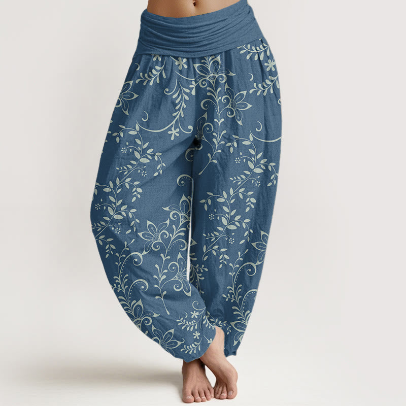 Pantalones Buddha Stones de algodón puro con diseño de flores y enredaderas para mujer, con cintura elástica - Azul aciano - US22，UK/AU26，EU54 (6XL) - image 0