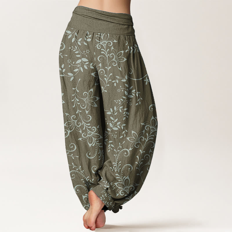 Pantalones Buddha Stones de algodón puro con diseño de flores y enredaderas para mujer, con cintura elástica