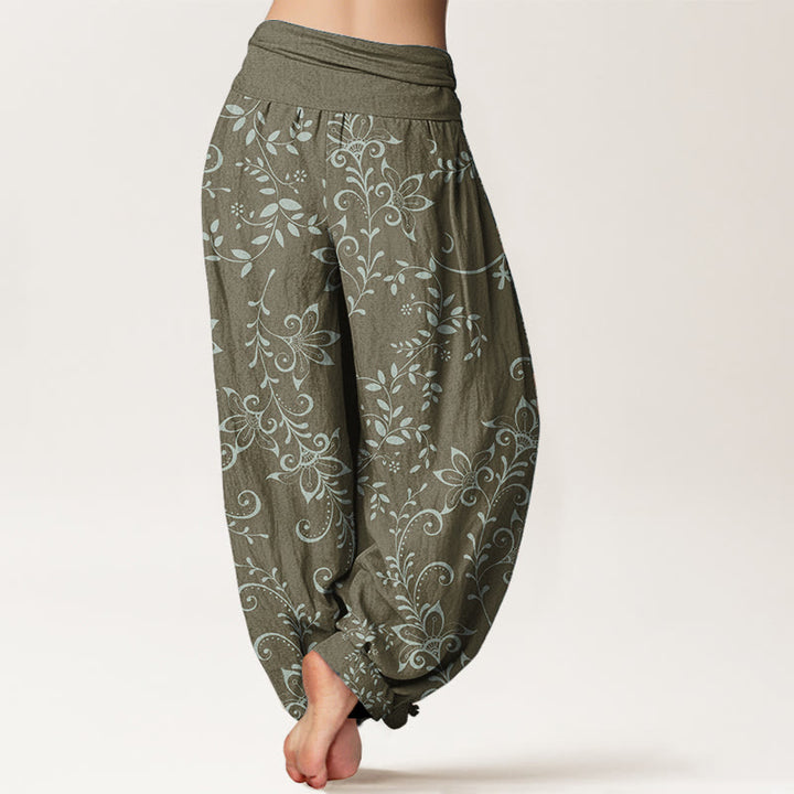 Pantalones Buddha Stones de algodón puro con diseño de flores y enredaderas para mujer, con cintura elástica