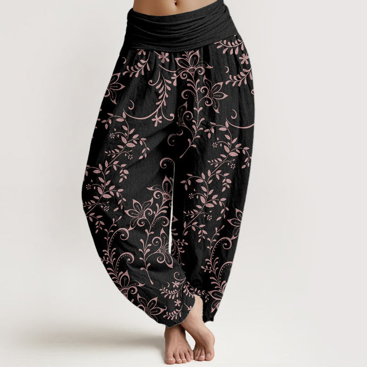 Pantalones Buddha Stones de algodón puro con diseño de flores y enredaderas para mujer, con cintura elástica