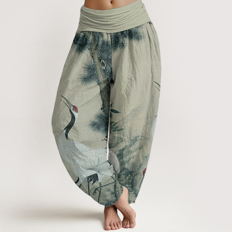 Pantalones harén de algodón puro con diseño de grulla de corona roja y pino para mujer, cintura elástica, estilo casual, Buddha Stones - Verde mar oscuro - US22，UK/AU26，EU54 (6XL) - image 5