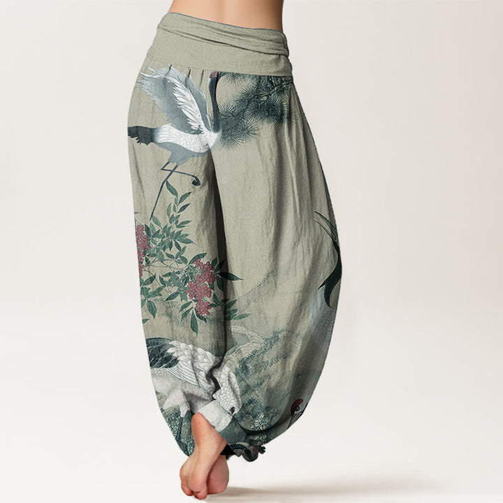 Pantalones harén de algodón puro con diseño de grulla de corona roja y pino para mujer, cintura elástica, estilo casual, Buddha Stones - image 6