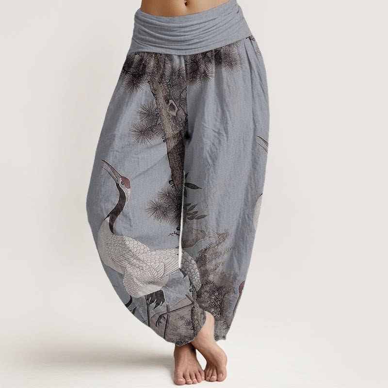 Pantalones harén de algodón puro con diseño de grulla de corona roja y pino para mujer, cintura elástica, estilo casual, Buddha Stones - Azul acero claro - US22，UK/AU26，EU54 (6XL) - image 8