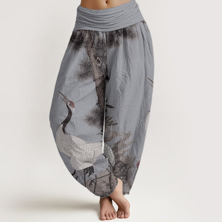 Pantalones harén de algodón puro con diseño de grulla de corona roja y pino para mujer, cintura elástica, estilo casual, Buddha Stones - Azul acero claro - US22，UK/AU26，EU54 (6XL) - image 8