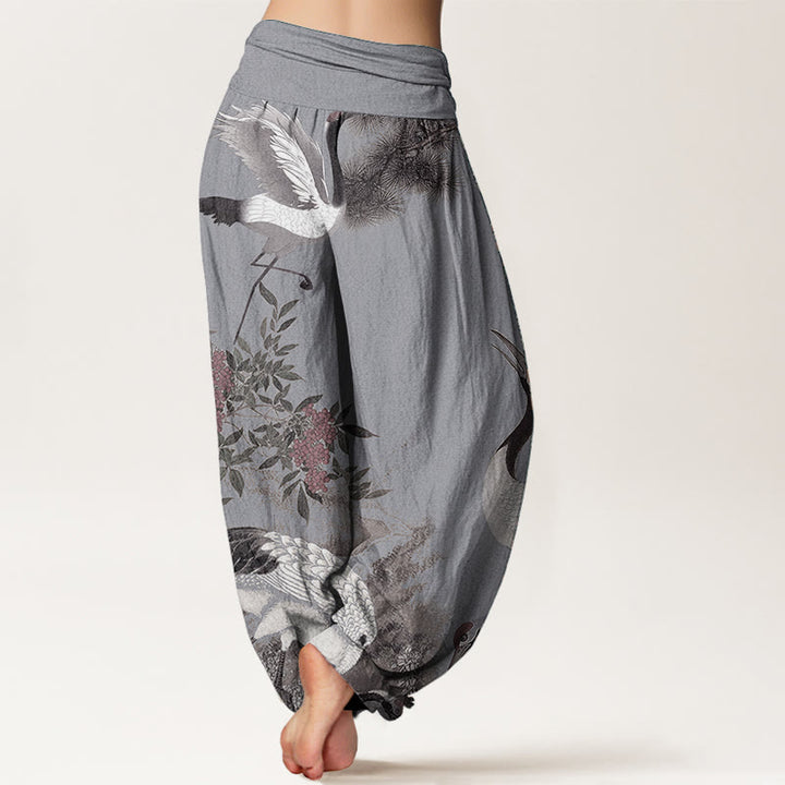 Pantalones harén de algodón puro con diseño de grulla de corona roja y pino para mujer, cintura elástica, estilo casual, Buddha Stones - image 9