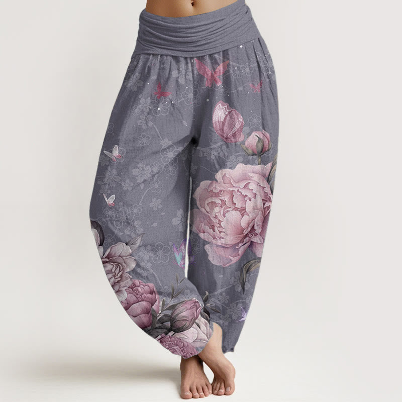 Pantalones Buddha Stones de algodón puro con diseño de peonías brillantes y mariposas para mujer, con cintura elástica - Morado medio - US22，UK/AU26，EU54 (6XL) - image 0