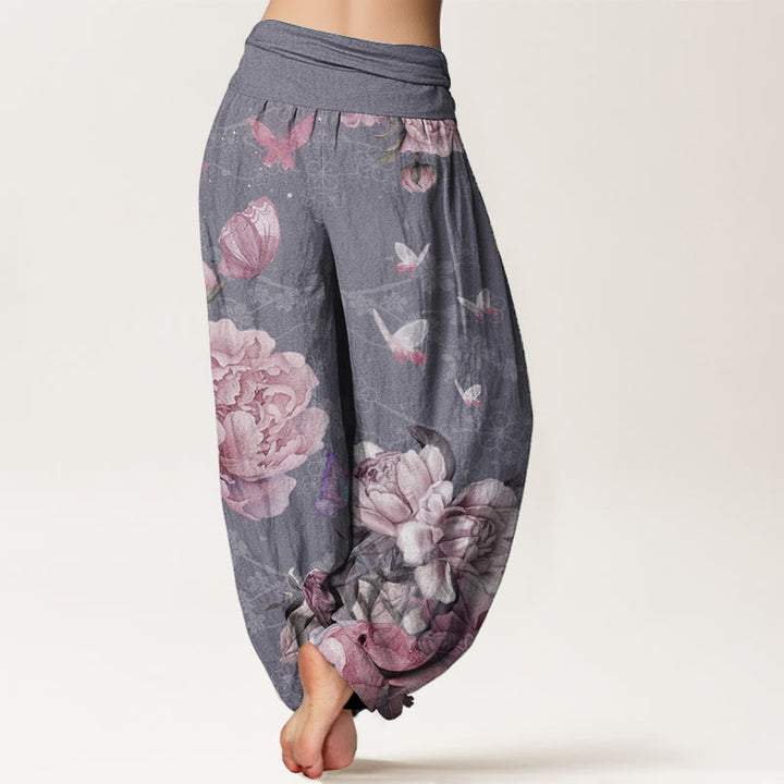Pantalones Buddha Stones de algodón puro con diseño de peonías brillantes y mariposas para mujer, con cintura elástica
