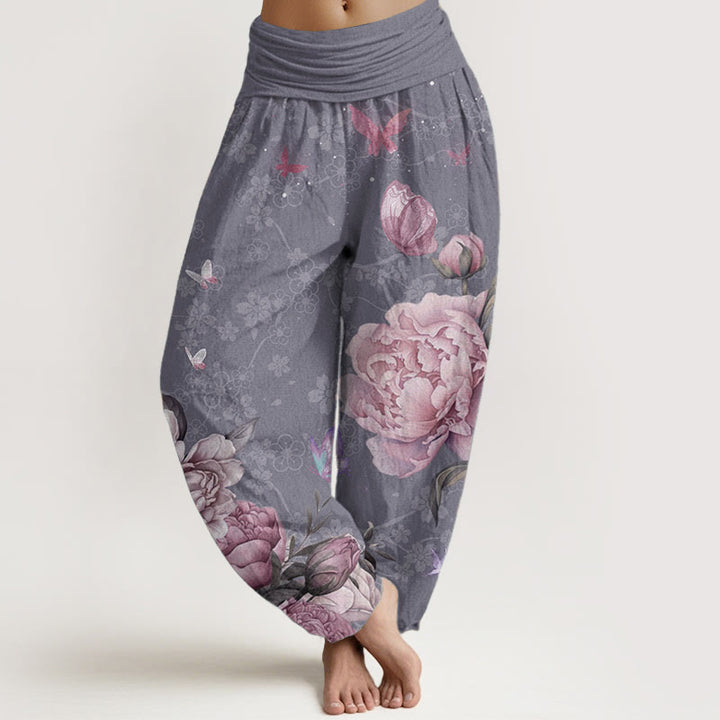 Pantalones Buddha Stones de algodón puro con diseño de peonías brillantes y mariposas para mujer, con cintura elástica