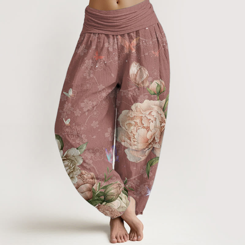 Pantalones Buddha Stones de algodón puro con diseño de peonías brillantes y mariposas para mujer, con cintura elástica