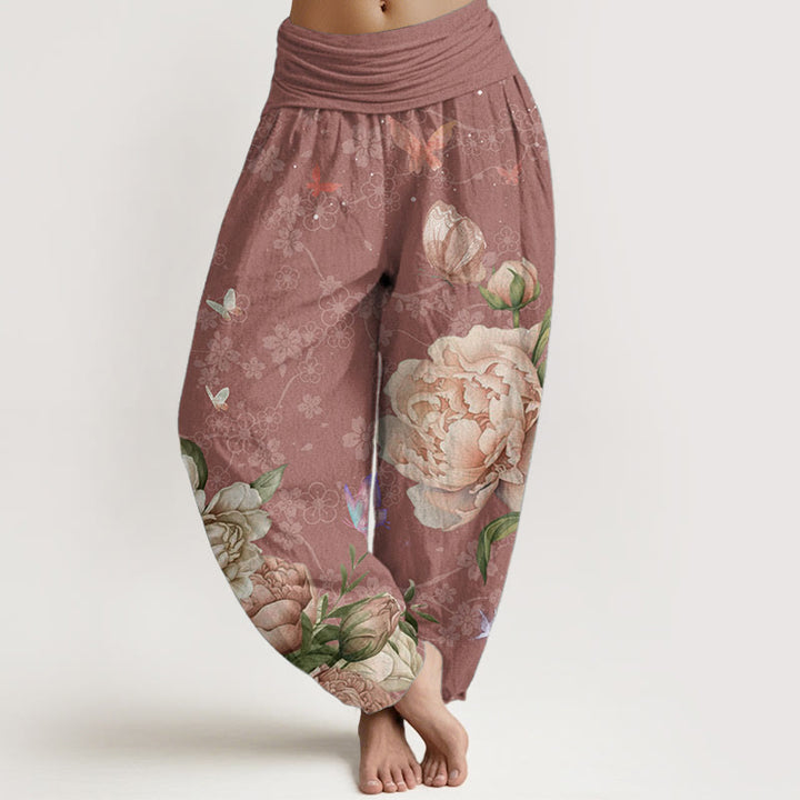 Pantalones Buddha Stones de algodón puro con diseño de peonías brillantes y mariposas para mujer, con cintura elástica