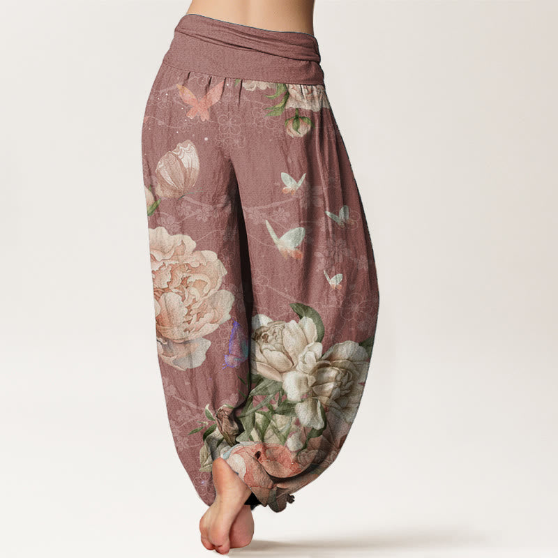 Pantalones Buddha Stones de algodón puro con diseño de peonías brillantes y mariposas para mujer, con cintura elástica