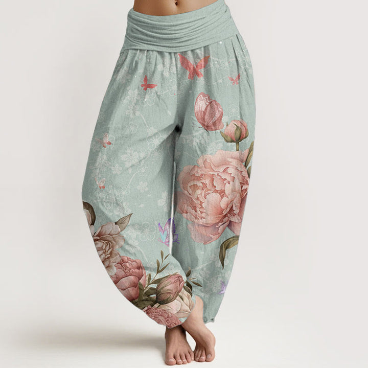 Pantalones Buddha Stones de algodón puro con diseño de peonías brillantes y mariposas para mujer, con cintura elástica