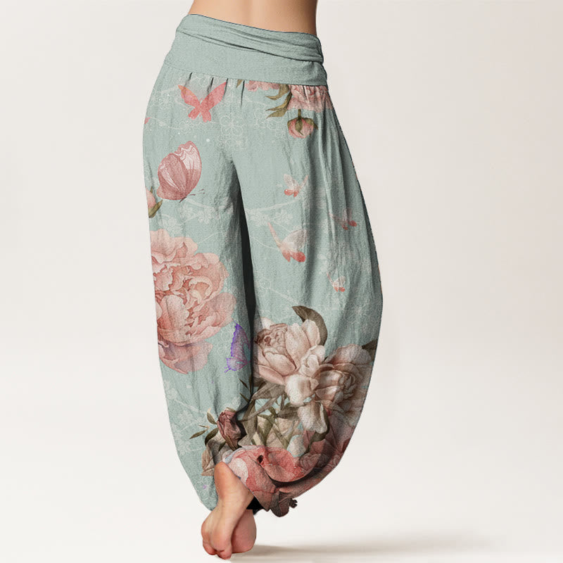 Pantalones Buddha Stones de algodón puro con diseño de peonías brillantes y mariposas para mujer, con cintura elástica