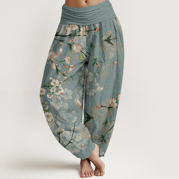 Pantalones harén de algodón puro con estampado de gansos voladores y flores de melocotón de Buddha Stones para mujer, cintura elástica