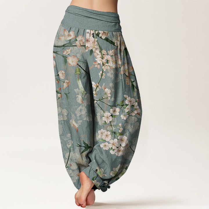 Pantalones harén de algodón puro con estampado de gansos voladores y flores de melocotón de Buddha Stones para mujer, cintura elástica - image 1