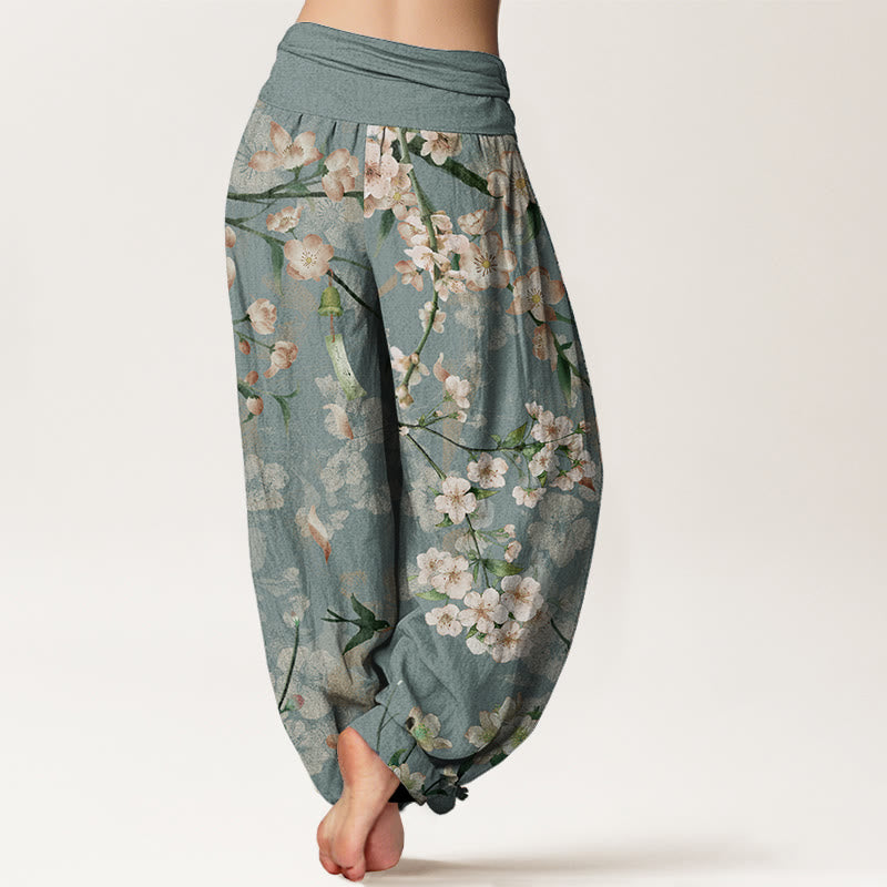 Pantalones harén de algodón puro con estampado de gansos voladores y flores de melocotón de Buddha Stones para mujer, cintura elástica