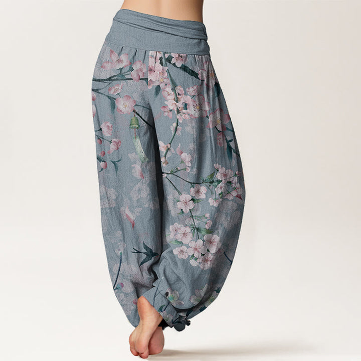 Pantalones harén de algodón puro con estampado de gansos voladores y flores de melocotón de Buddha Stones para mujer, cintura elástica
