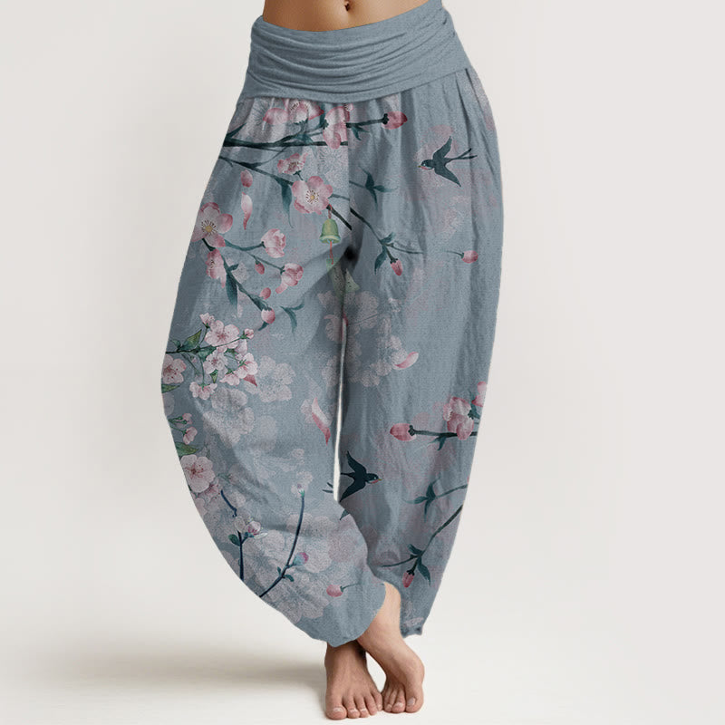 Pantalones harén de algodón puro con estampado de gansos voladores y flores de melocotón de Buddha Stones para mujer, cintura elástica - Azul aciano - US22，UK/AU26，EU54 (6XL) - image 8