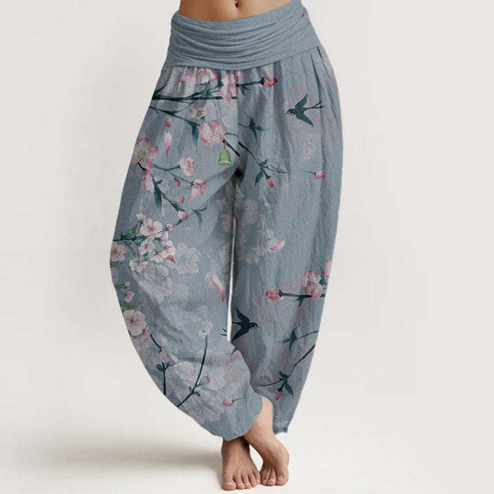 Pantalones harén de algodón puro con estampado de gansos voladores y flores de melocotón de Buddha Stones para mujer, cintura elástica - Azul aciano - US22，UK/AU26，EU54 (6XL) - image 8