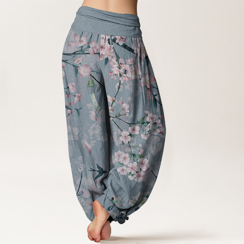 Pantalones harén de algodón puro con estampado de gansos voladores y flores de melocotón de Buddha Stones para mujer, cintura elástica - image 9