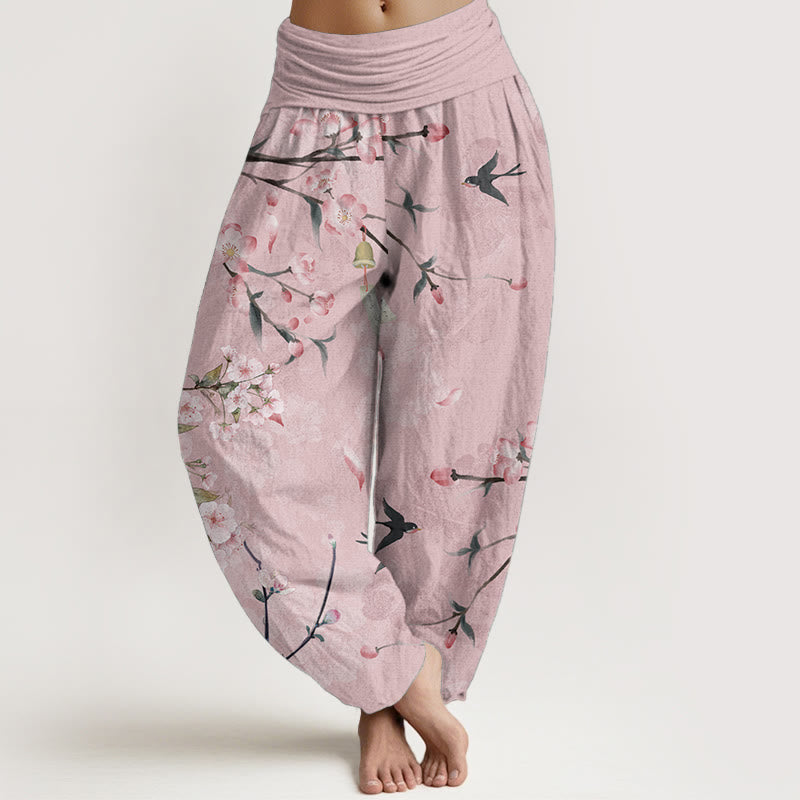 Pantalones harén de algodón puro con estampado de gansos voladores y flores de melocotón de Buddha Stones para mujer, cintura elástica