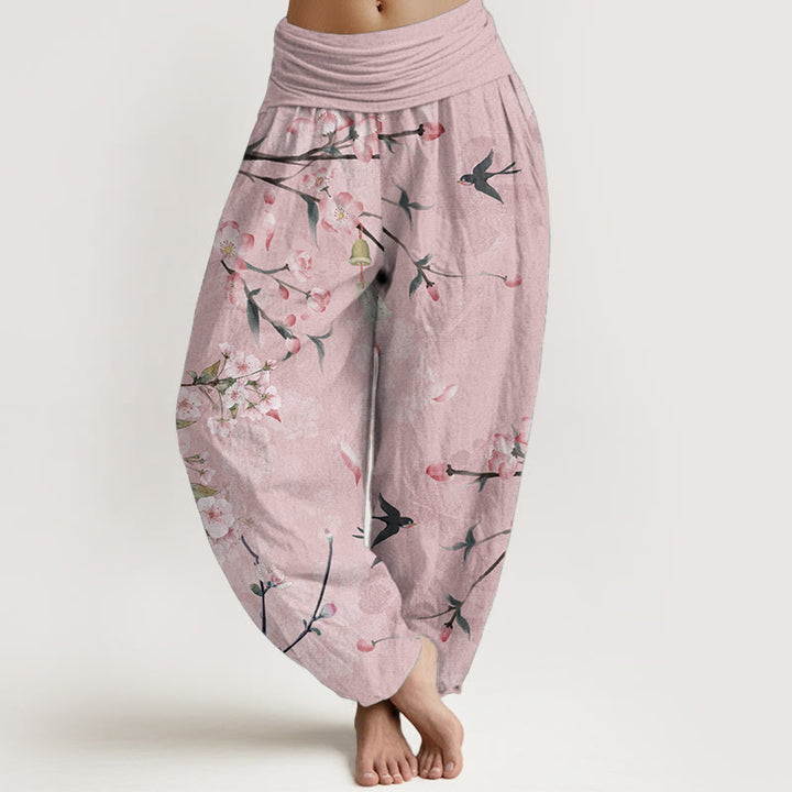 Pantalones harén de algodón puro con estampado de gansos voladores y flores de melocotón de Buddha Stones para mujer, cintura elástica