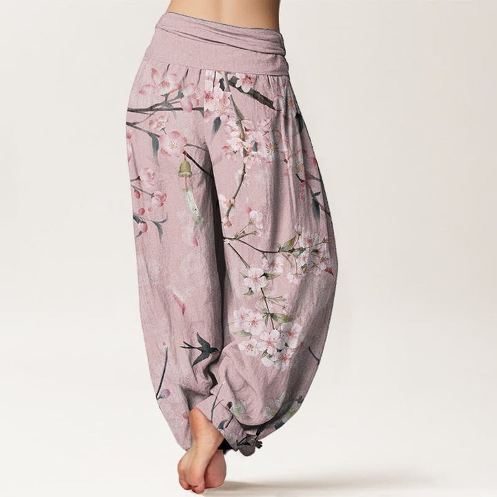 Pantalones harén de algodón puro con estampado de gansos voladores y flores de melocotón de Buddha Stones para mujer, cintura elástica