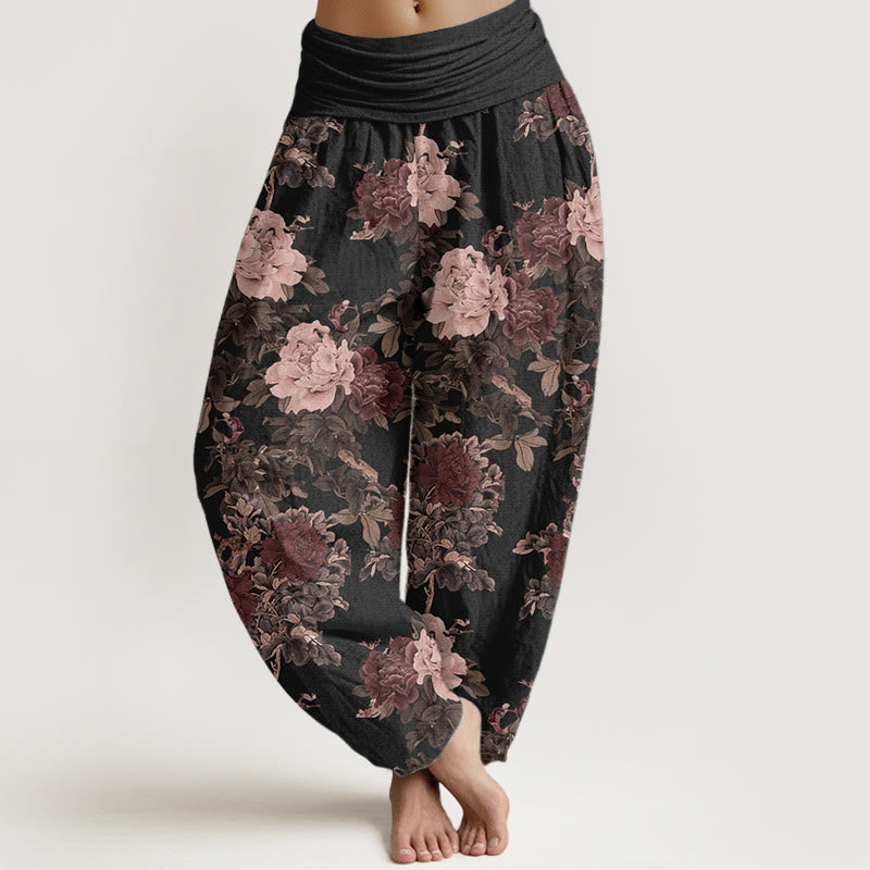 Pantalones Buddha Stones de algodón puro con estampado de peonías y hojas para mujer, informales, con cintura elástica - Negro - US22，UK/AU26，EU54 (6XL) - image 0
