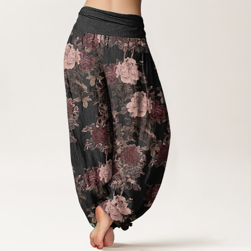 Pantalones Buddha Stones de algodón puro con estampado de peonías y hojas para mujer, informales, con cintura elástica