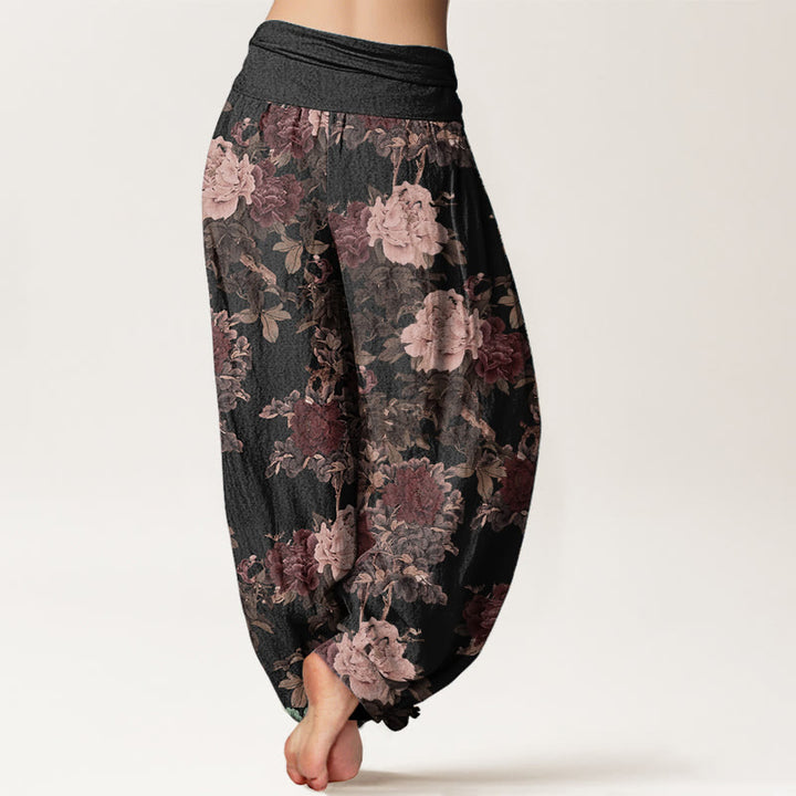 Pantalones Buddha Stones de algodón puro con estampado de peonías y hojas para mujer, informales, con cintura elástica