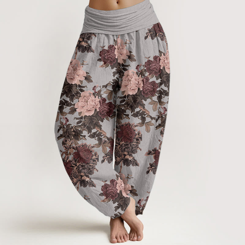 Pantalones Buddha Stones de algodón puro con estampado de peonías y hojas para mujer, informales, con cintura elástica