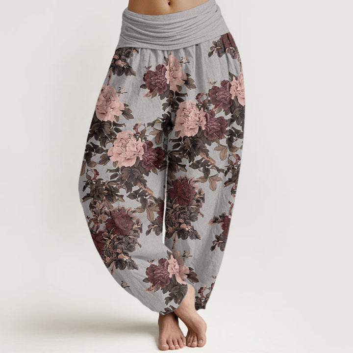 Pantalones Buddha Stones de algodón puro con estampado de peonías y hojas para mujer, informales, con cintura elástica