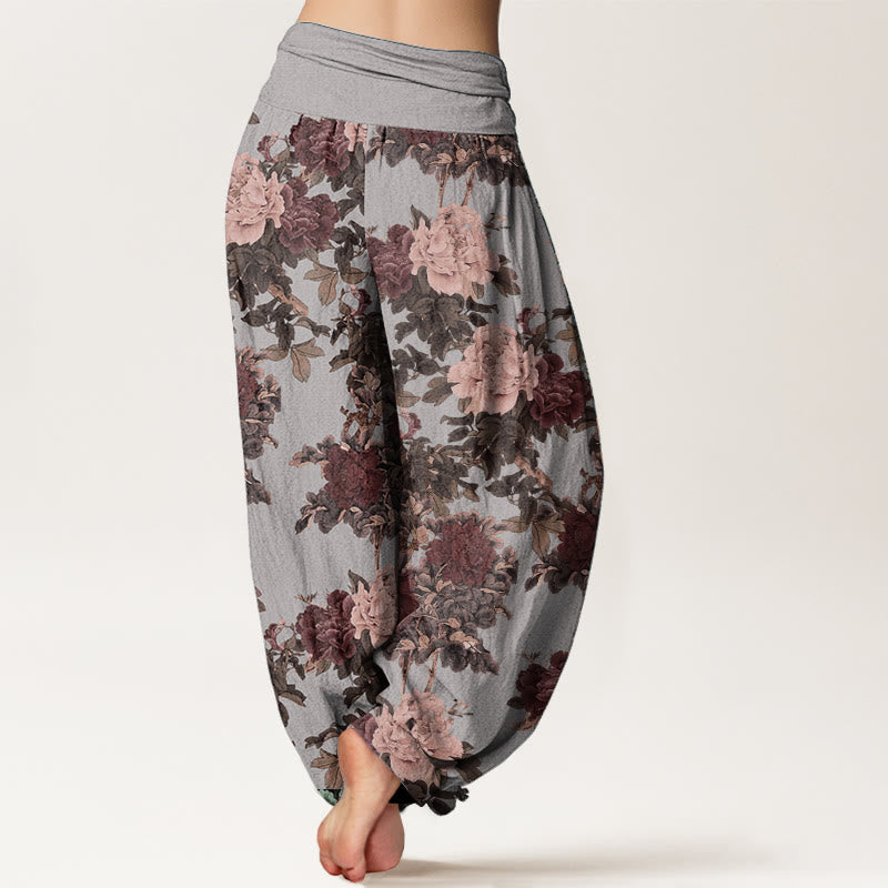 Pantalones Buddha Stones de algodón puro con estampado de peonías y hojas para mujer, informales, con cintura elástica