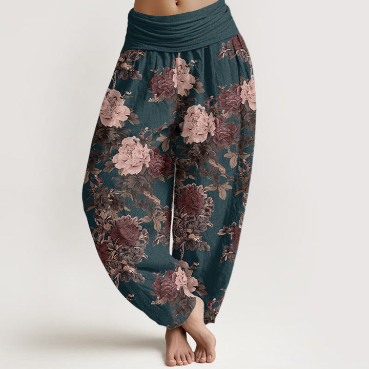 Pantalones Buddha Stones de algodón puro con estampado de peonías y hojas para mujer, informales, con cintura elástica