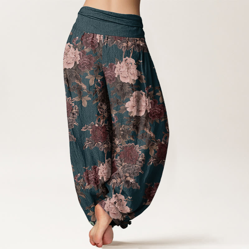Pantalones Buddha Stones de algodón puro con estampado de peonías y hojas para mujer, informales, con cintura elástica