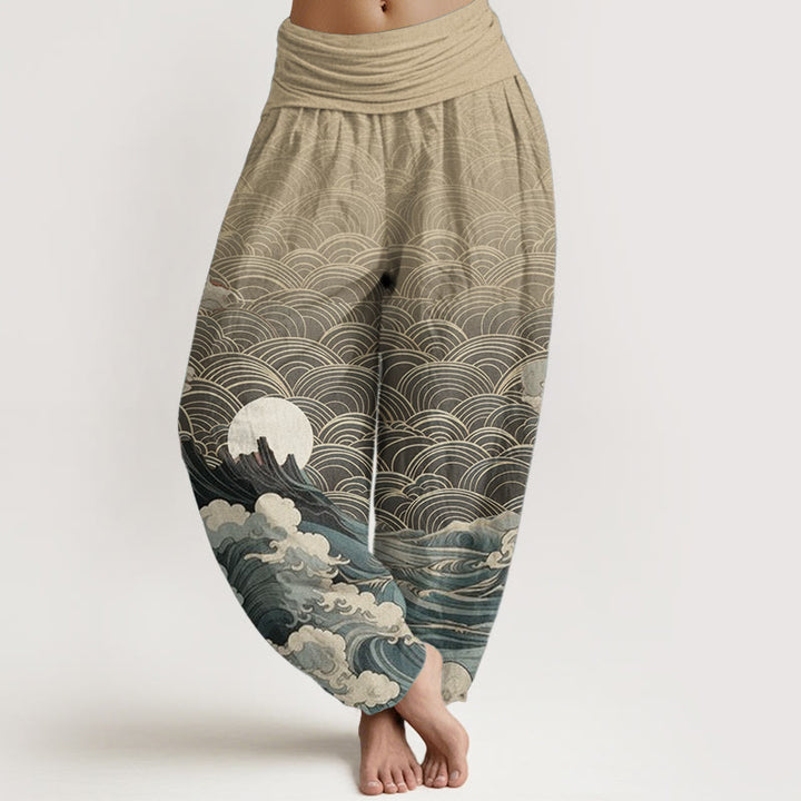 Pantalones Buddha Stones de algodón puro con estampado de ondas, luna y montaña para mujer, cintura elástica - Trigo - US22，UK/AU26，EU54 (6XL) - image 8